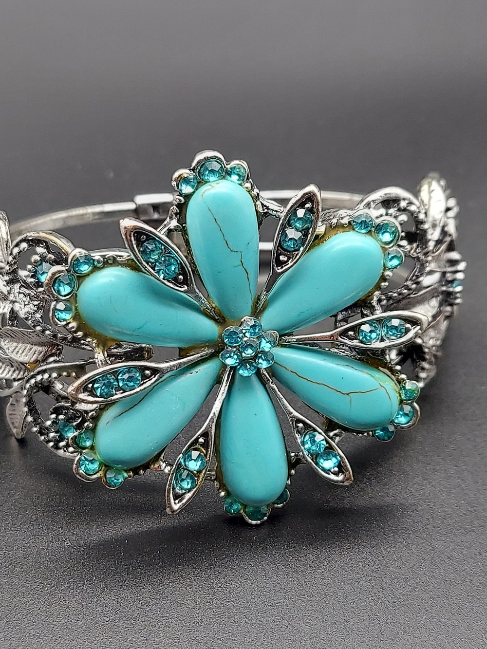 Turquoise Floral Crystal Cuff Bracelet - Silver-Tone Blue Flower